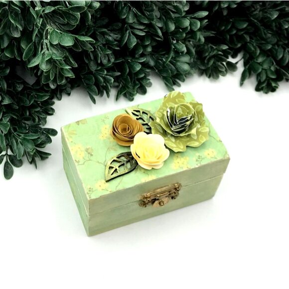 Decorative Small Wooden Trinket Box With Green & Floral Decoupage Design Paper F - Picture 1 of 5